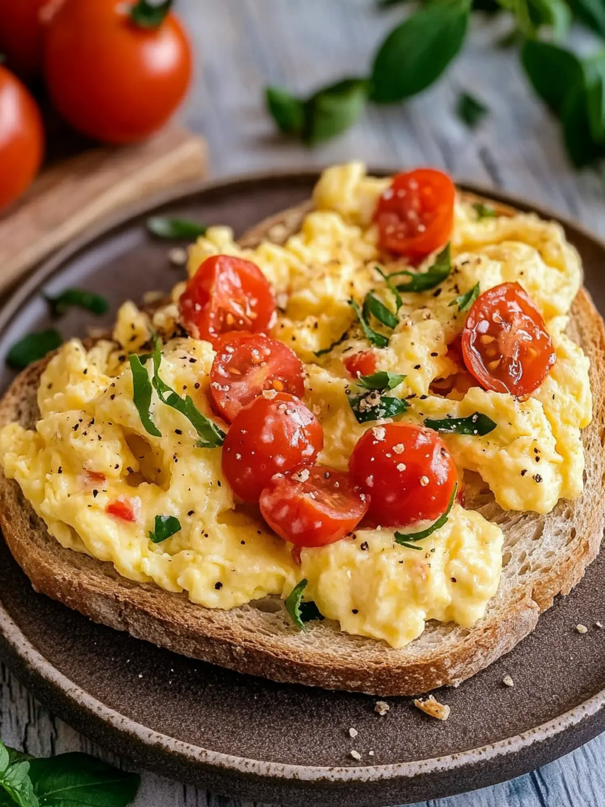 Leckere Rühreier mit Tomaten auf Brot für den perfekten Start 2 Delicious scrambled eggs with tomatoes on bread