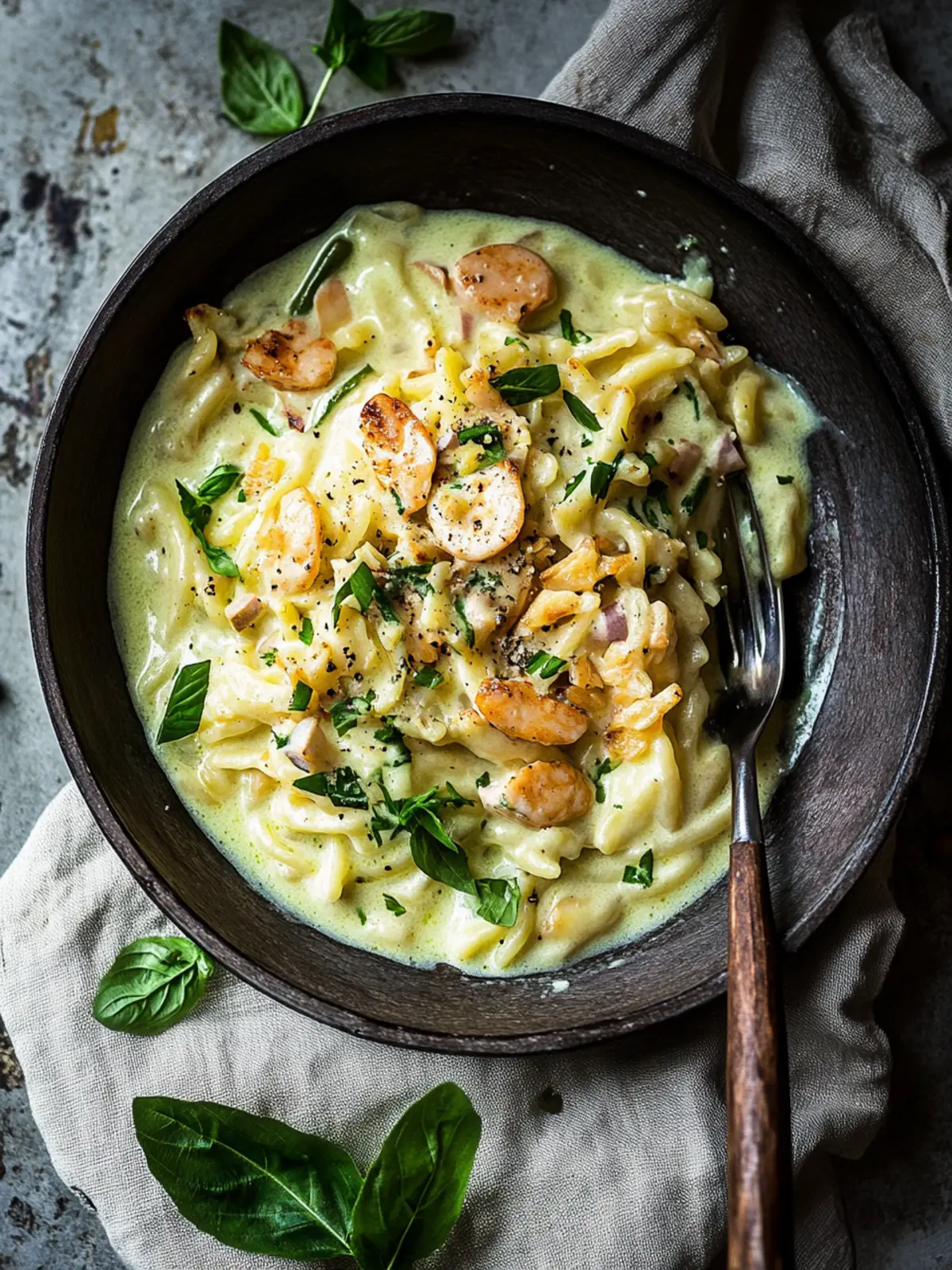 Cremige Spätzle Pfanne mit Hähnchen in Bärlauchrahm genießen 3 Spätzle Pfanne mit Hähnchen in Bärlauchrahm