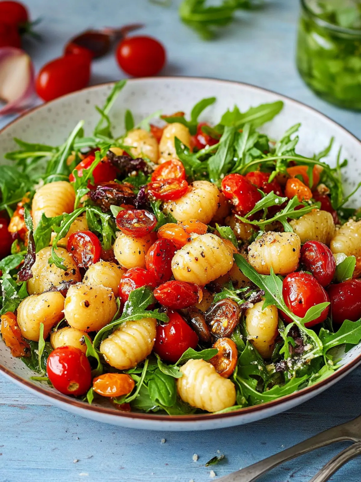 Gnocchi-Salat mit Rucola und getrockneten Tomaten schnell genießen 2 Gnocchi salad with arugula and sun-dried tomatoes