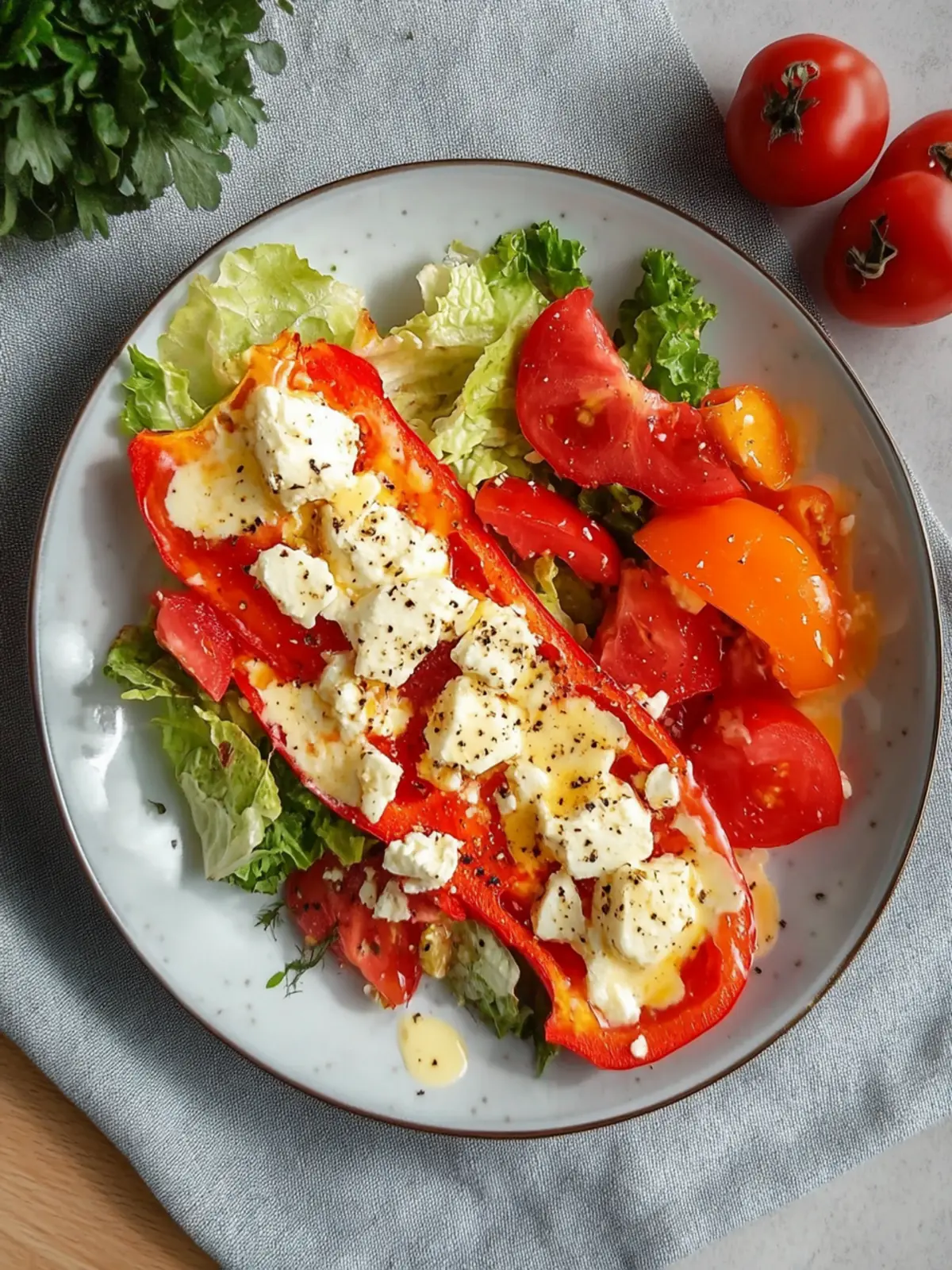 Genussvolle Stuffed Feta Peppers mit bunter Salatbeilage 3 Stuffed Feta Peppers with Colorful Salad