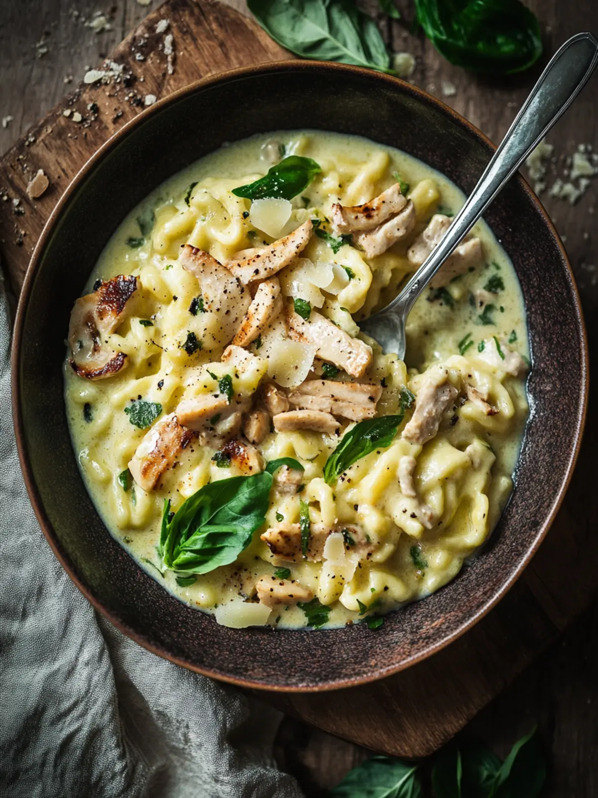 Cremige Spätzle Pfanne mit Hähnchen in Bärlauchrahm genießen 2 Spätzle Pfanne mit Hähnchen in Bärlauchrahm