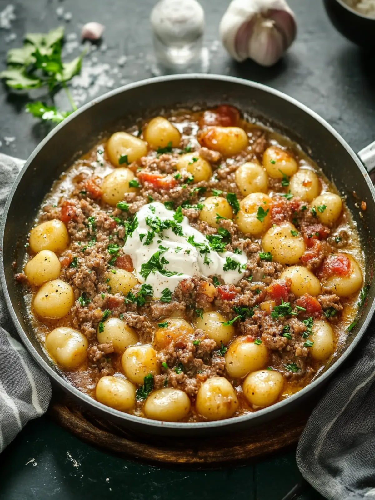 Einfaches Pfannengericht: Gnocchi mit Hackfleisch und Schmand 2 Simple skillet dish with ground meat, gnocchi, and sour cream