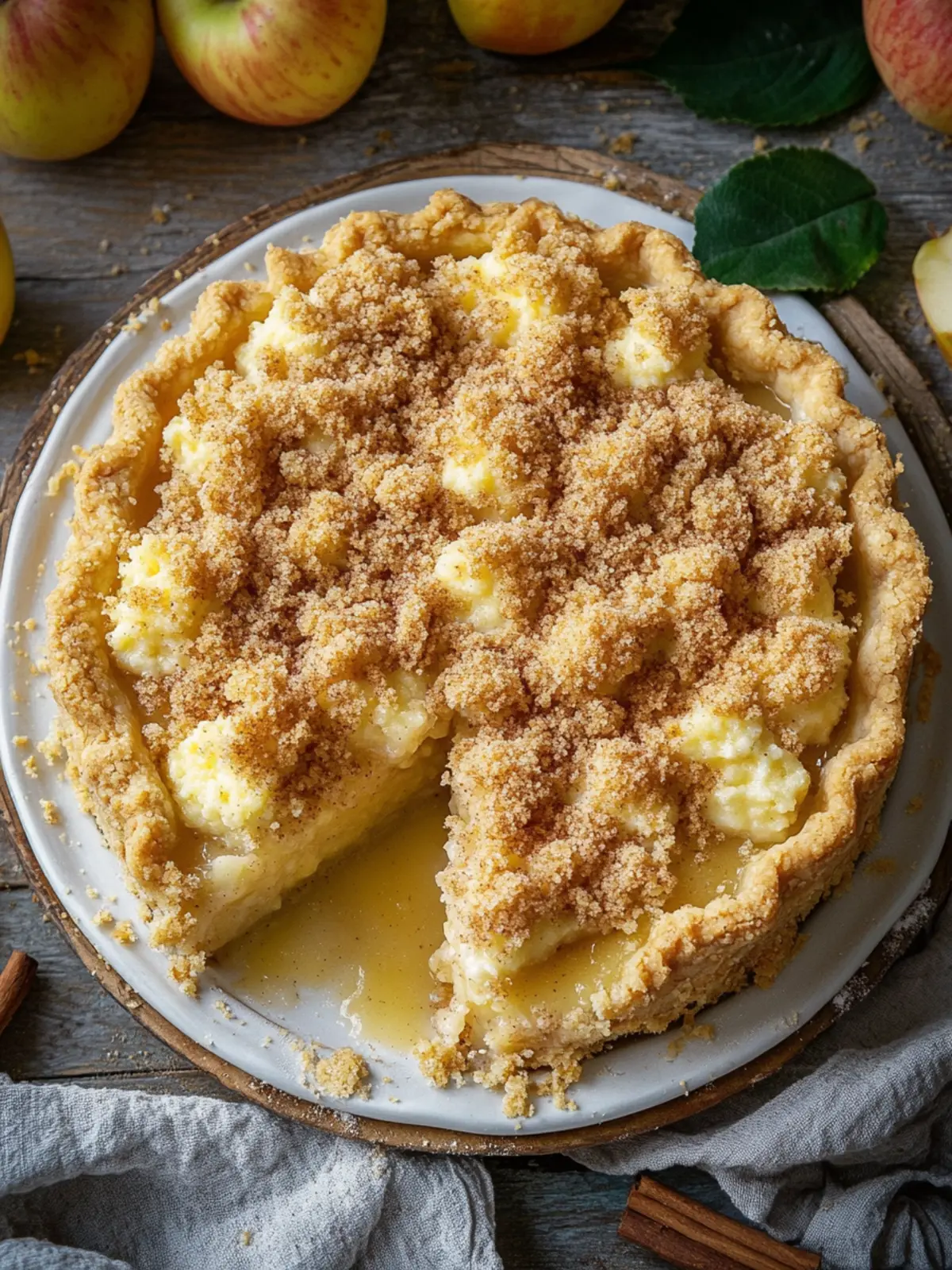 Saftiger Apfelkuchen mit Pudding und Zimtstreuseln genießen 2 Apple pie with pudding and cinnamon crumbles