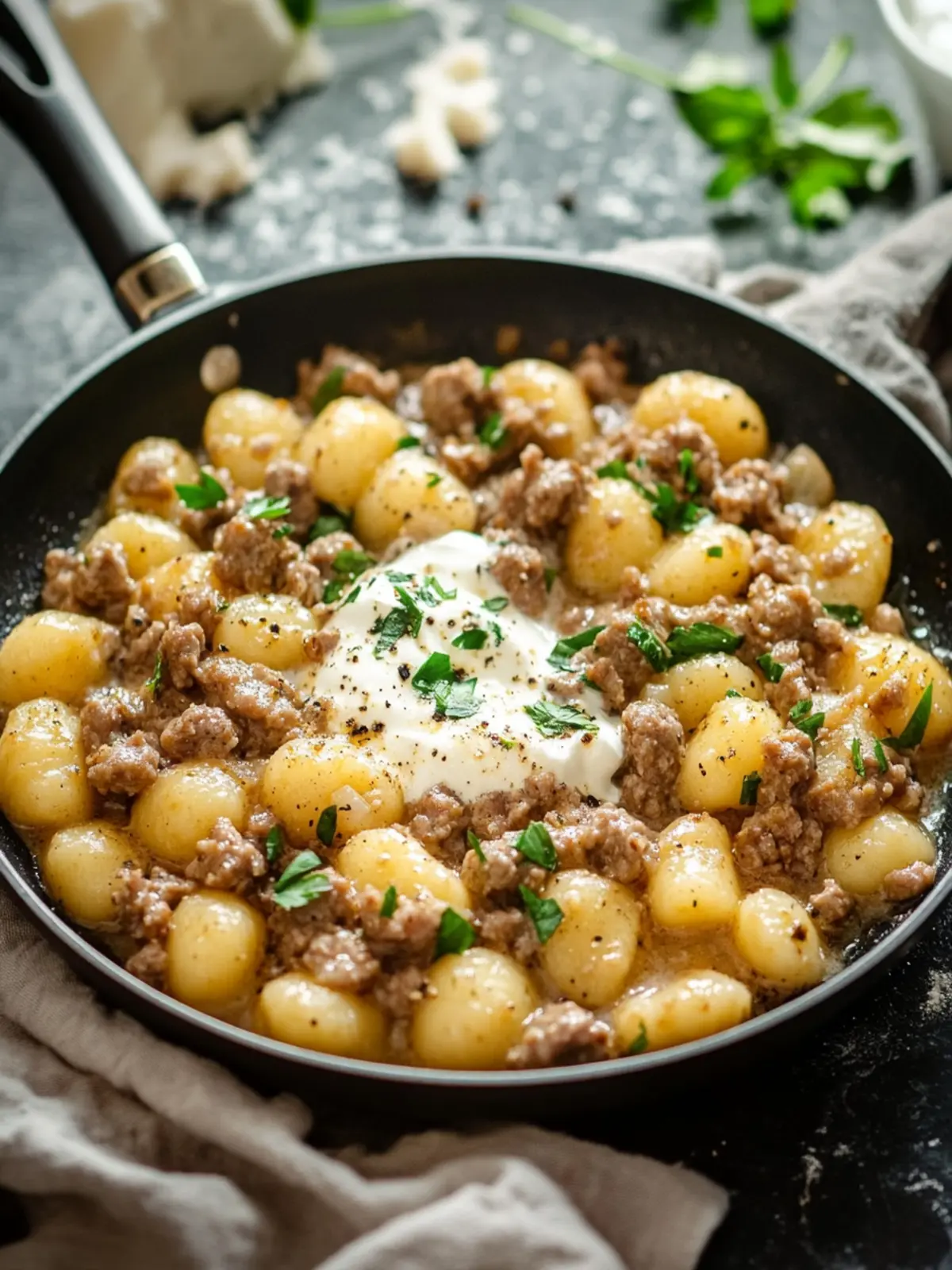 Einfaches Pfannengericht: Gnocchi mit Hackfleisch und Schmand 4 Simple skillet dish with ground meat, gnocchi, and sour cream