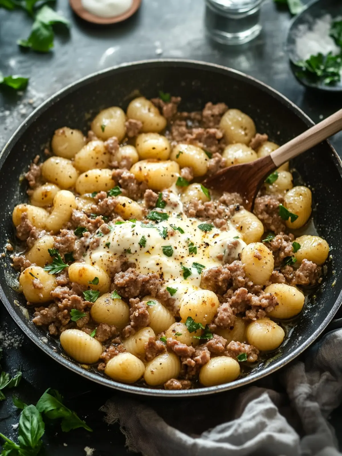 Simple skillet dish with ground meat, gnocchi, and sour cream