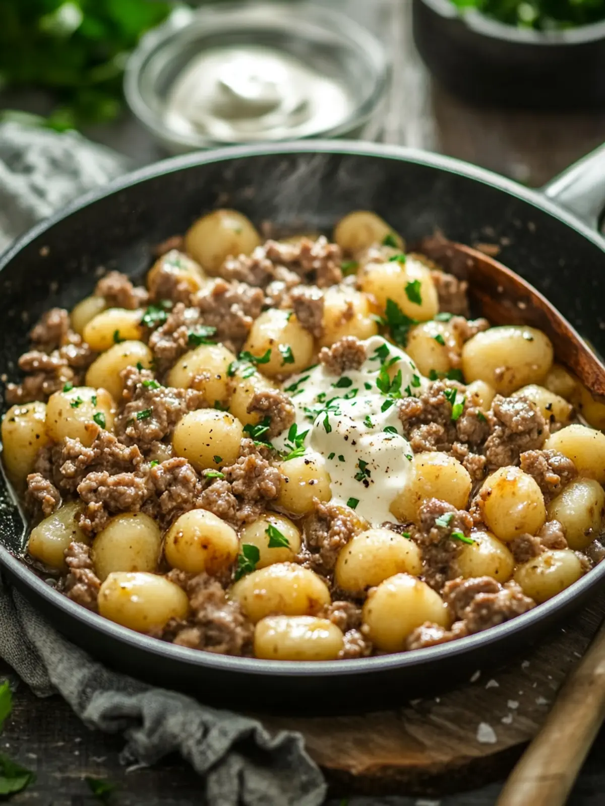 Einfaches Pfannengericht: Gnocchi mit Hackfleisch und Schmand 3 Simple skillet dish with ground meat, gnocchi, and sour cream