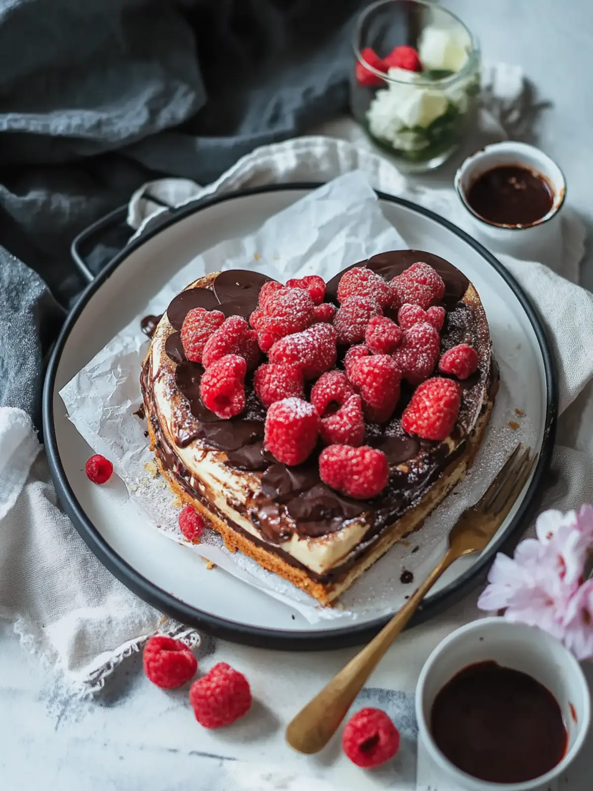 Herz-Pfannkuchen mit Beeren und Schokolade