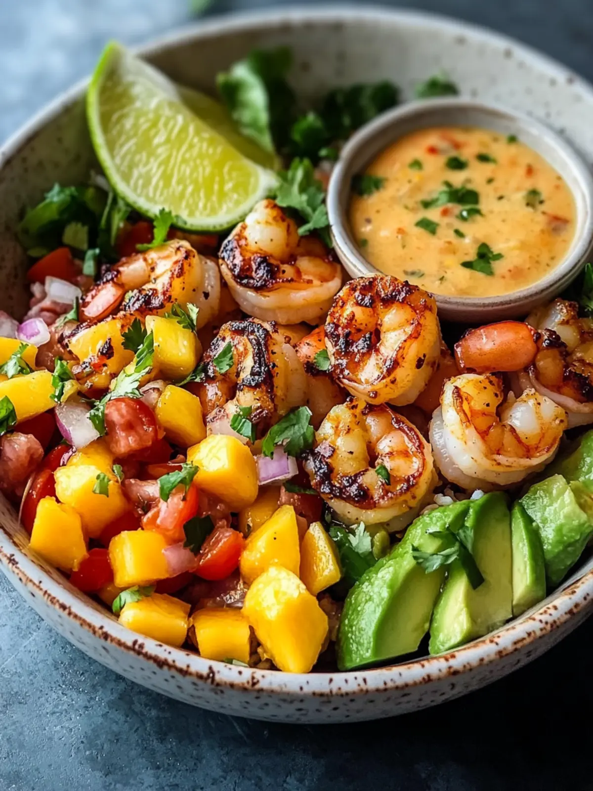 Shrimp- und Avocado-Bowls mit Mango-Salsa und Limetten-Chili-Sauce