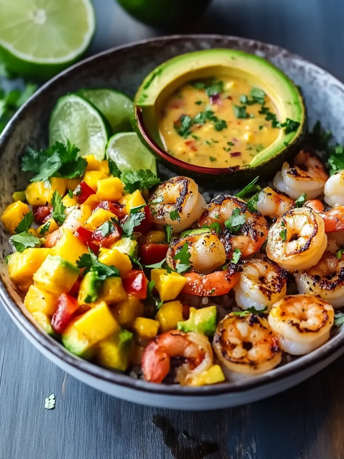 Shrimp- und Avocado-Bowls mit Mango-Salsa und Limetten-Chili-Sauce für den perfekten Sommergenuss 4 Shrimp- und Avocado-Bowls mit Mango-Salsa und Limetten-Chili-Sauce