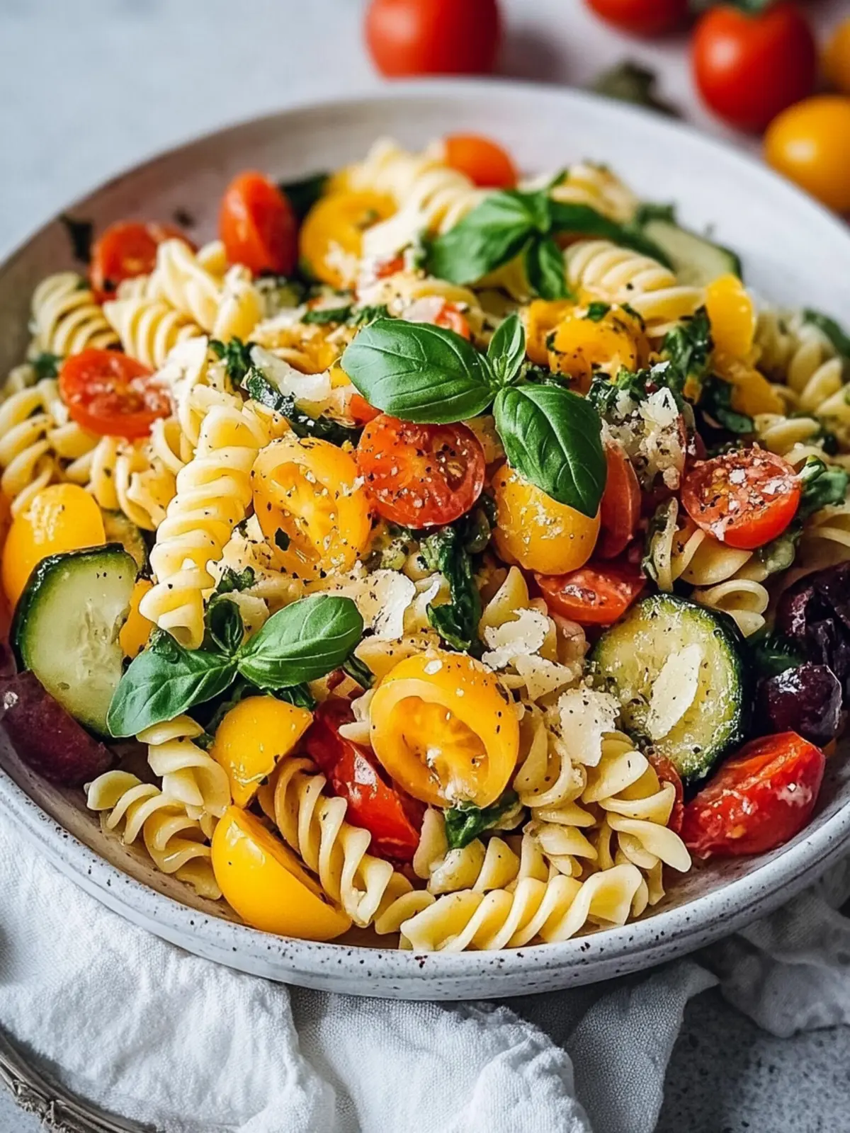 Bunter vegetarischer Nudelsalat mit Gemüse für Sommerfreuden 4 Vegetarian pasta salad with vegetables
