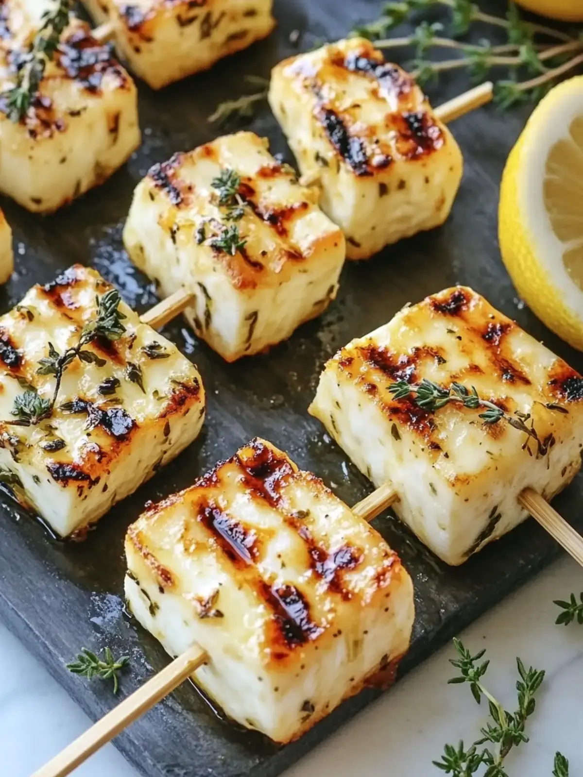 Leckere Gegrillte Halloumi-Spieße mit Zitrone und Thymian 2 Grilled Halloumi skewers with lemon and thyme