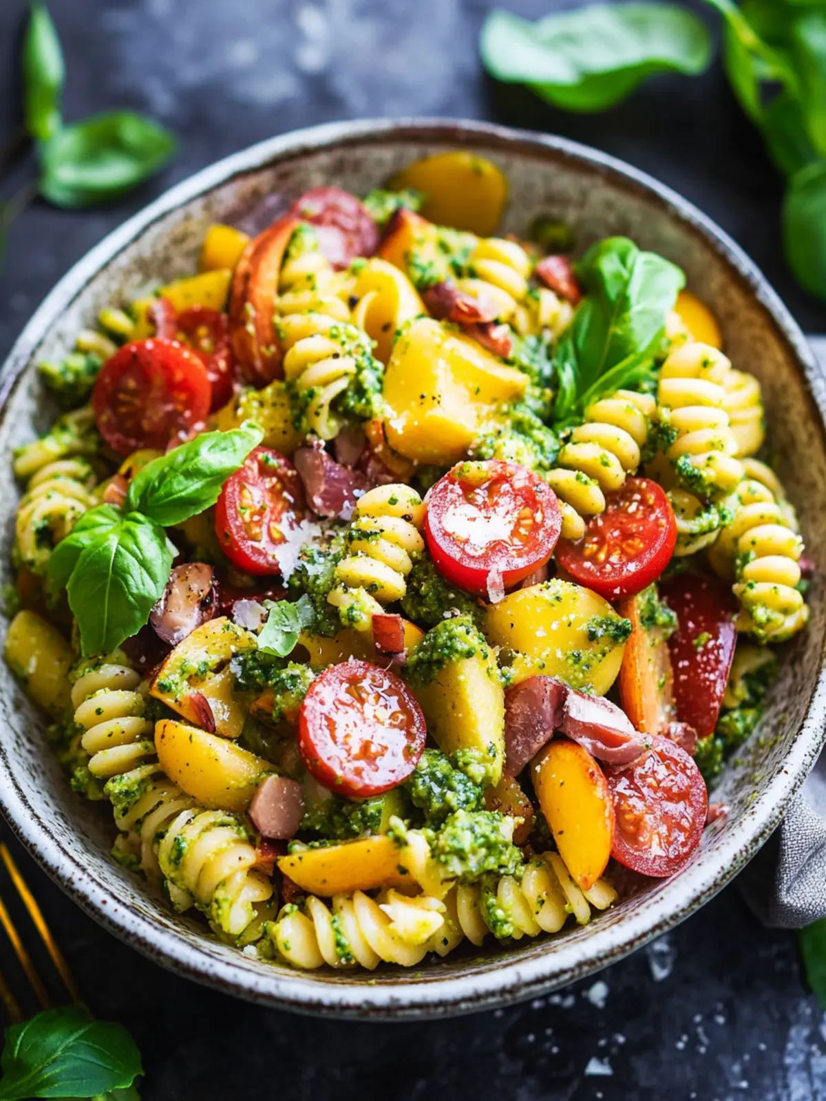 Frischer Mais-Pasta-Salat mit Speck und cremigem Pesto-Dressing 2 Mais-Pasta-Salat mit Speck und cremigem Pesto-Dressing