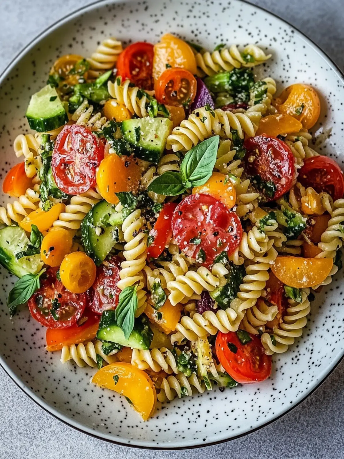 Bunter vegetarischer Nudelsalat mit Gemüse für Sommerfreuden 5 Vegetarian pasta salad with vegetables