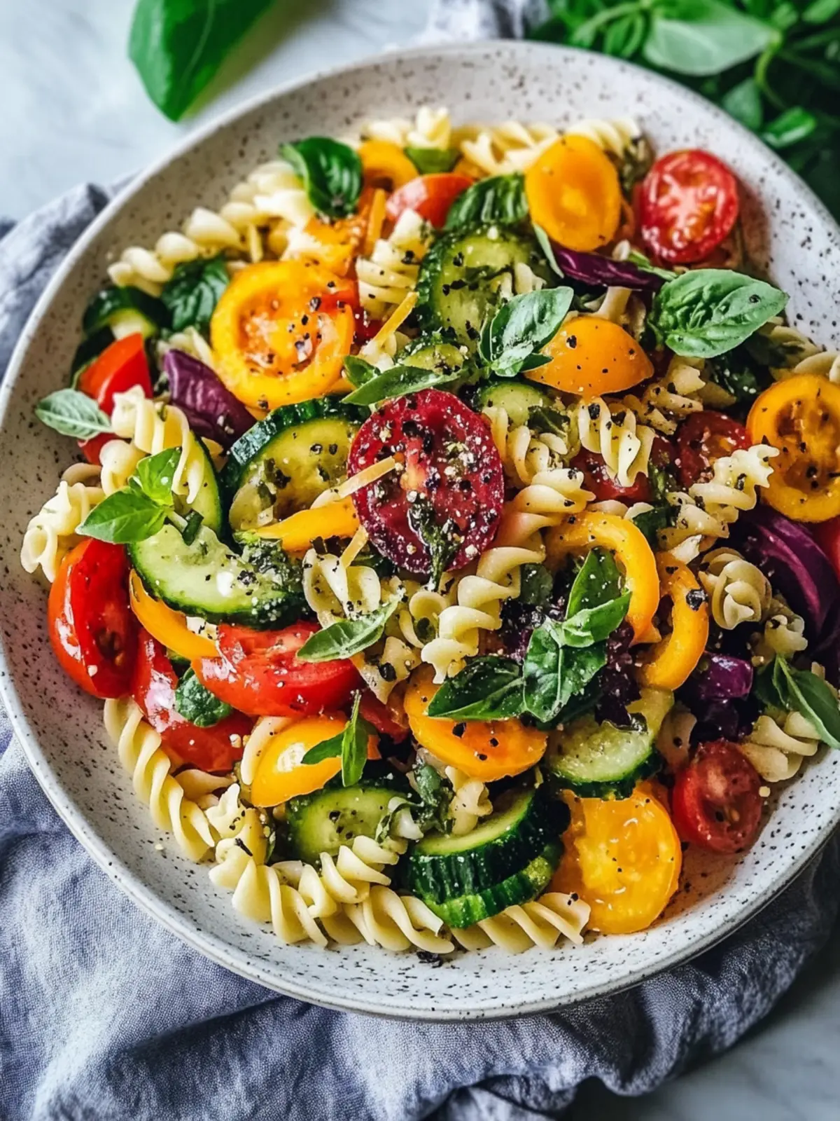 Bunter vegetarischer Nudelsalat mit Gemüse für Sommerfreuden 3 Vegetarian pasta salad with vegetables