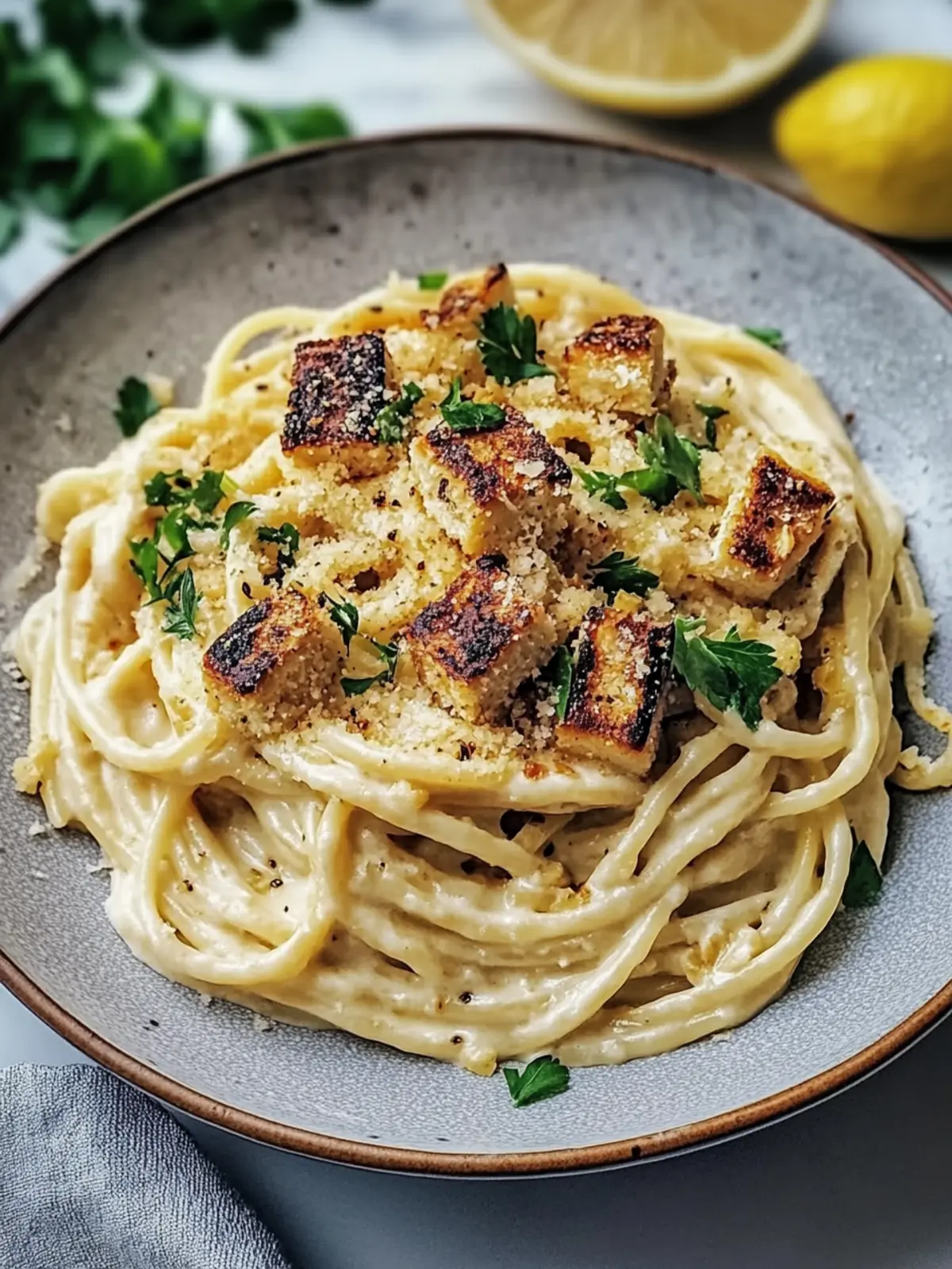 Cremige vegane Carbonara mit Cashew-Creme und Rauch-Tofu 3 Cremige vegane Carbonara