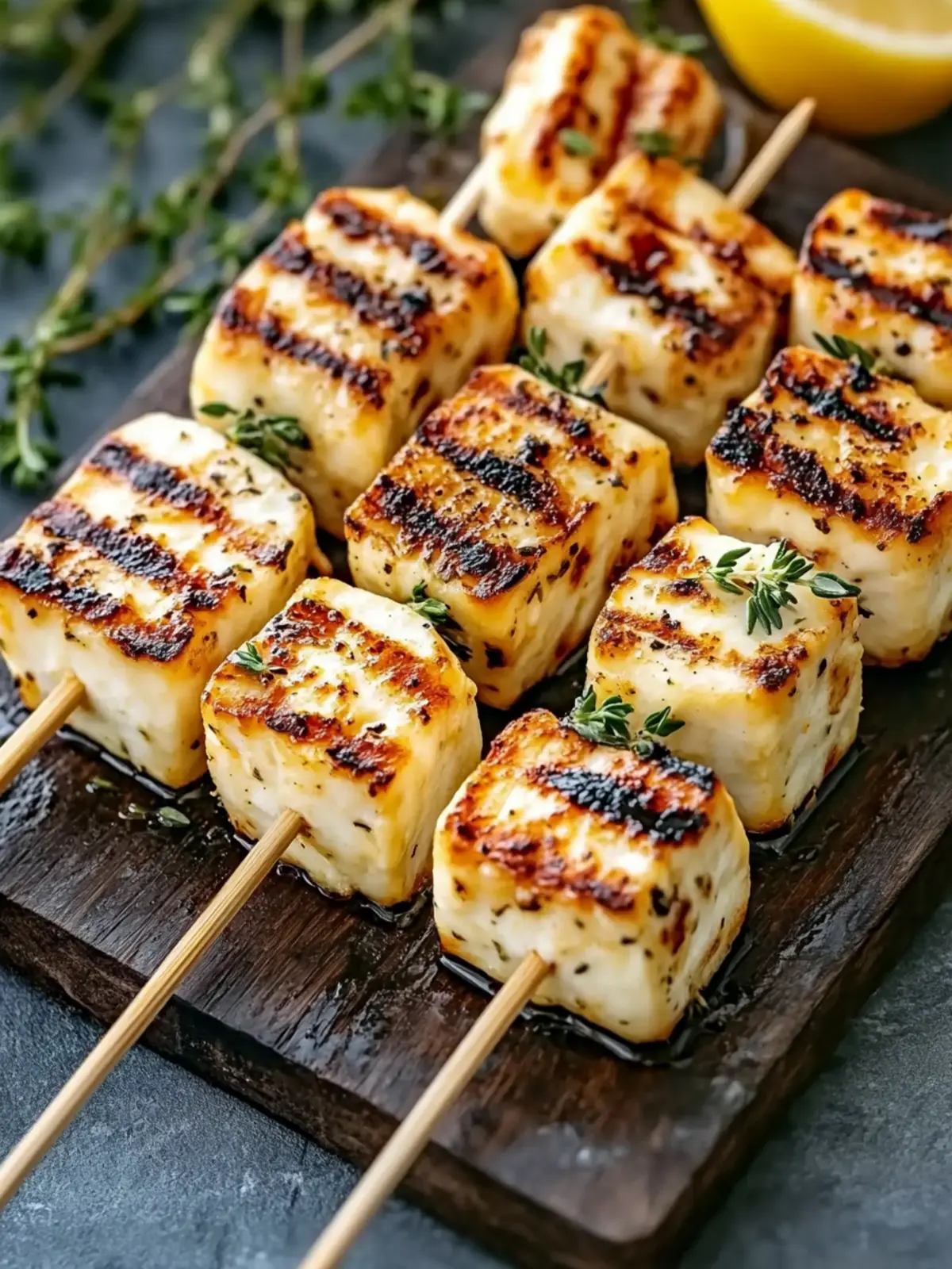 Leckere Gegrillte Halloumi-Spieße mit Zitrone und Thymian 4 Grilled Halloumi skewers with lemon and thyme