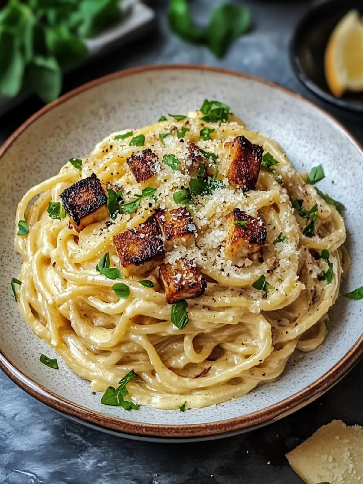 Cremige vegane Carbonara mit Cashew-Creme und Rauch-Tofu 2 Cremige vegane Carbonara