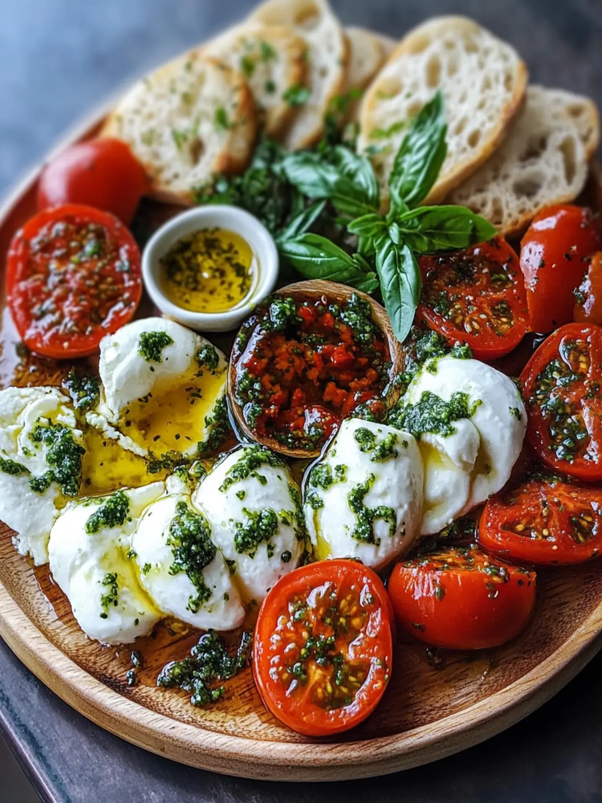 Marinierte Mozzarella & Burrata Tapas Platte mit Knoblauchbrotstangen – Der perfekte Genuss für deinen Abend! 3 Marinierte Mozzarella & Burrata Tapas Platte mit Knoblauchbrotstangen