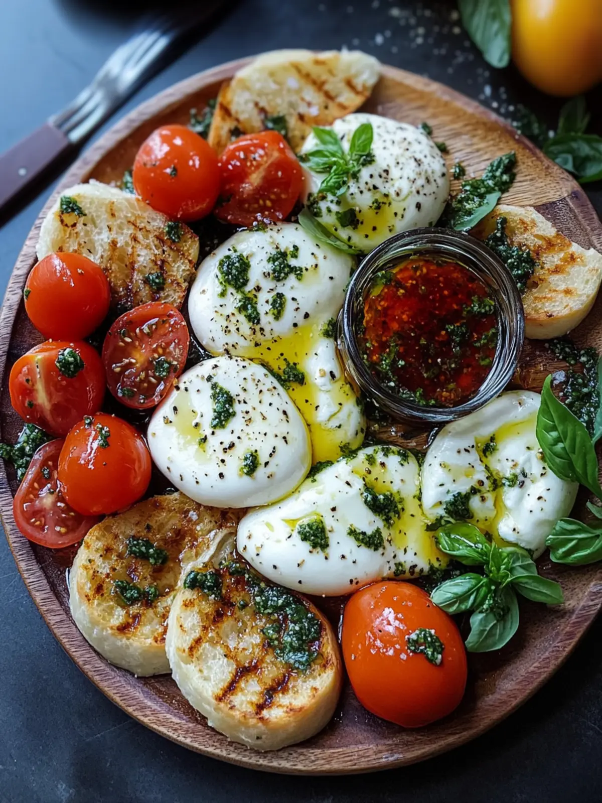 Marinierte Mozzarella & Burrata Tapas Platte mit Knoblauchbrotstangen – Der perfekte Genuss für deinen Abend! 4 Marinierte Mozzarella & Burrata Tapas Platte mit Knoblauchbrotstangen