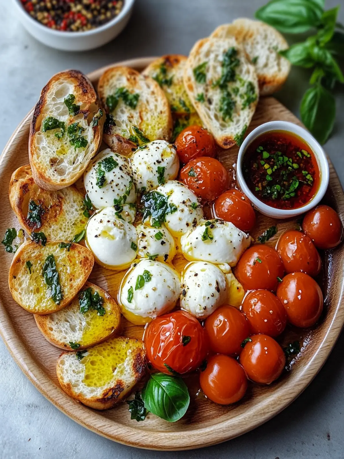 Marinierte Mozzarella & Burrata Tapas Platte mit Knoblauchbrotstangen – Der perfekte Genuss für deinen Abend! 2 Marinierte Mozzarella & Burrata Tapas Platte mit Knoblauchbrotstangen