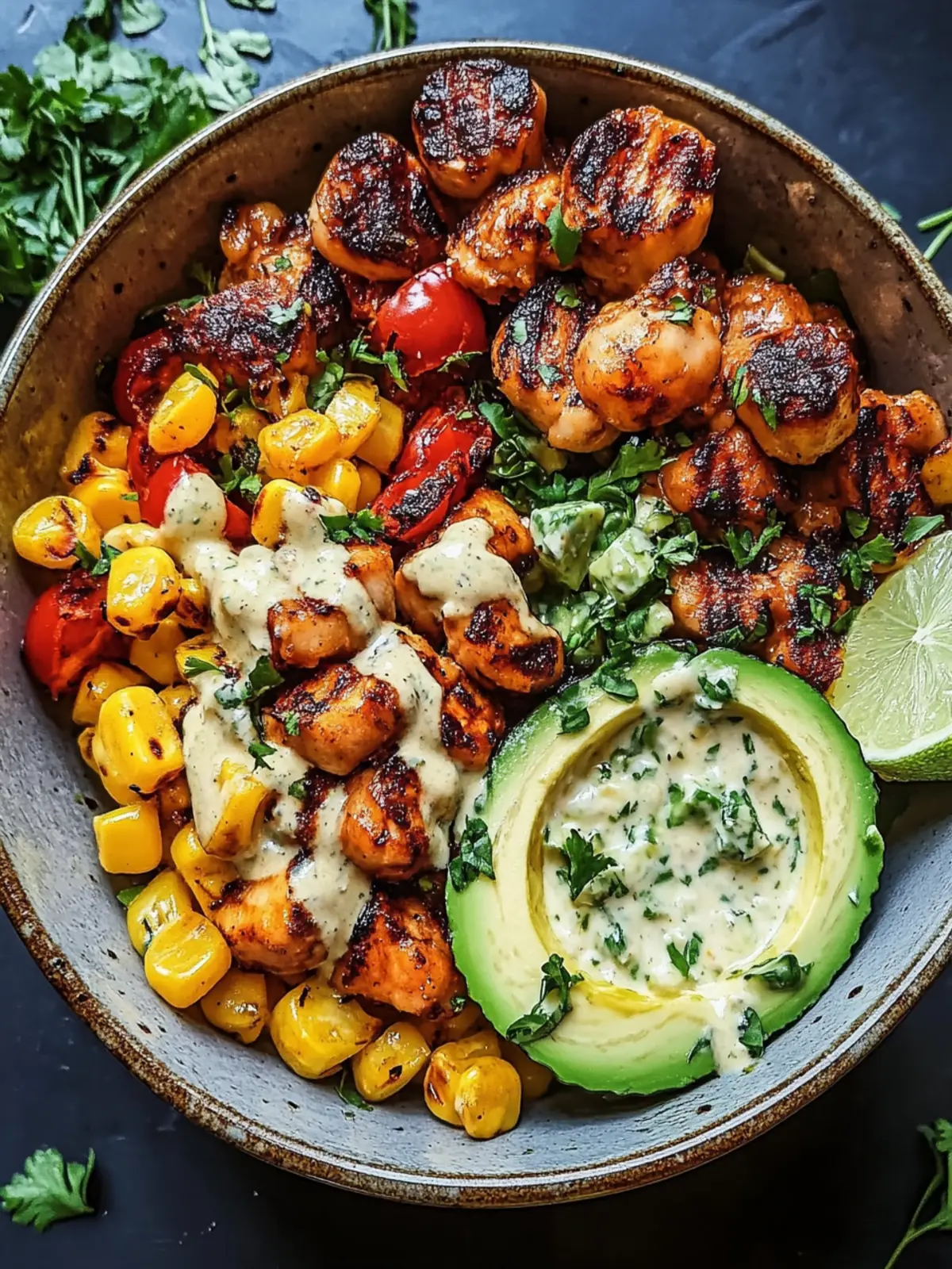 Gegrillte Garnelen Bowl mit Avocado Mais-Salsa & Cremiger Sauce genießen 4 Gegrillte Garnelen Bowl mit Avocado Mais-Salsa & Cremiger Sauce