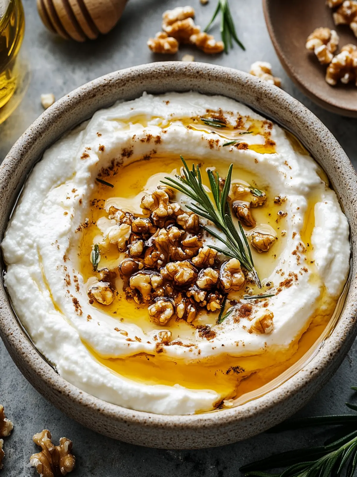 Scharfer Ricotta-Dip mit scharfen Honig und gerösteten Walnüssen