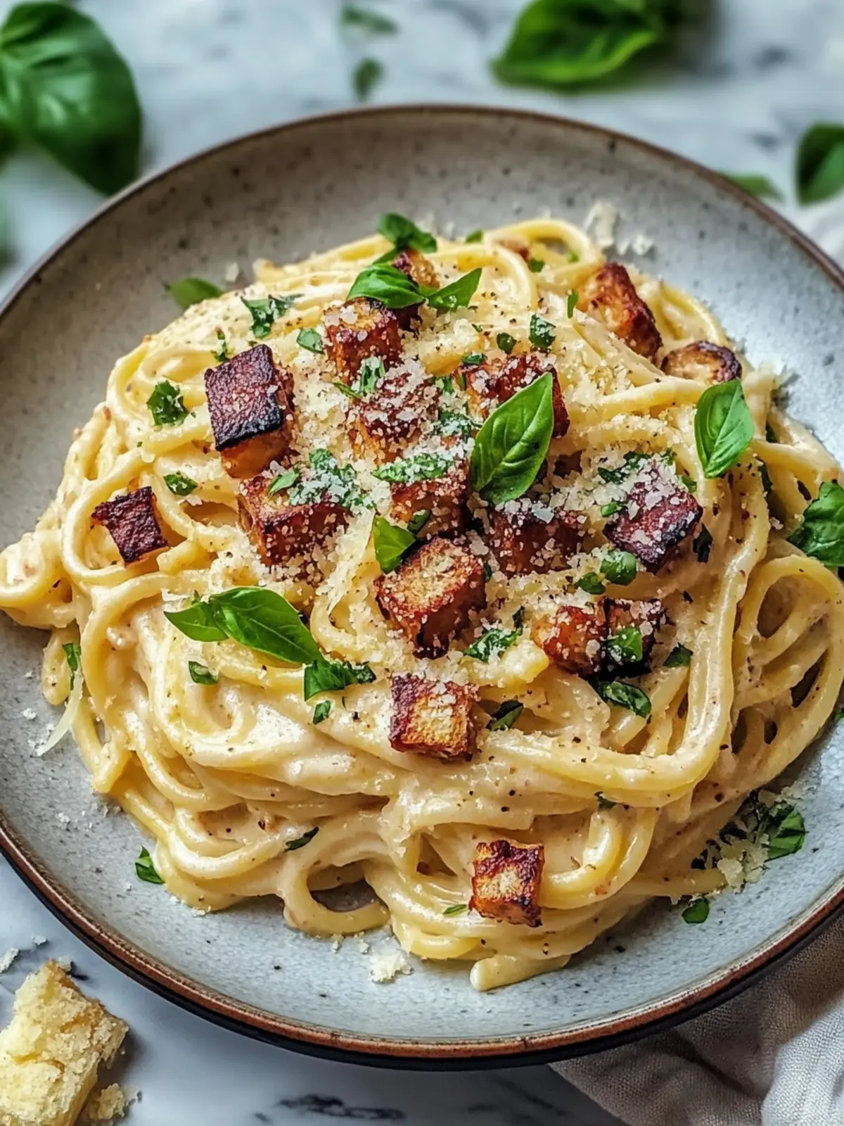 Cremige vegane Carbonara mit Cashew-Creme und Rauch-Tofu 4 Cremige vegane Carbonara
