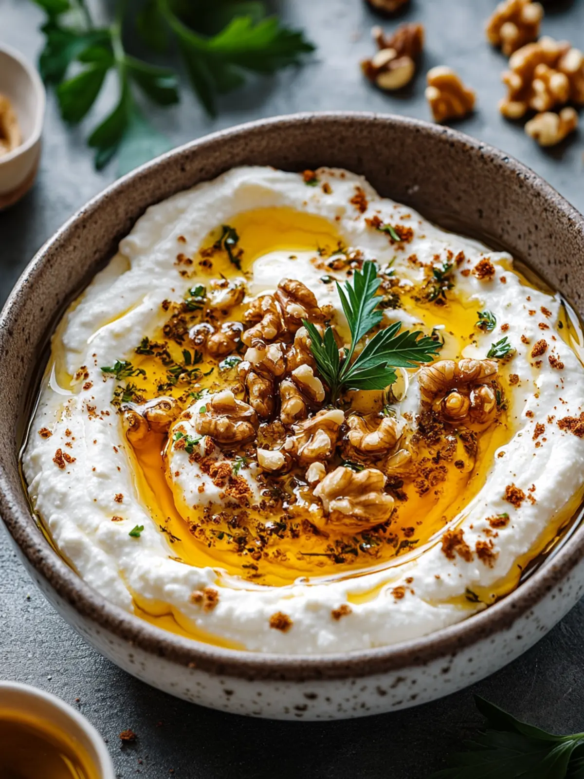 Scharfer Ricotta-Dip mit scharfen Honig und Walnüssen für Gäste 2 Scharfer Ricotta-Dip mit scharfen Honig und gerösteten Walnüssen