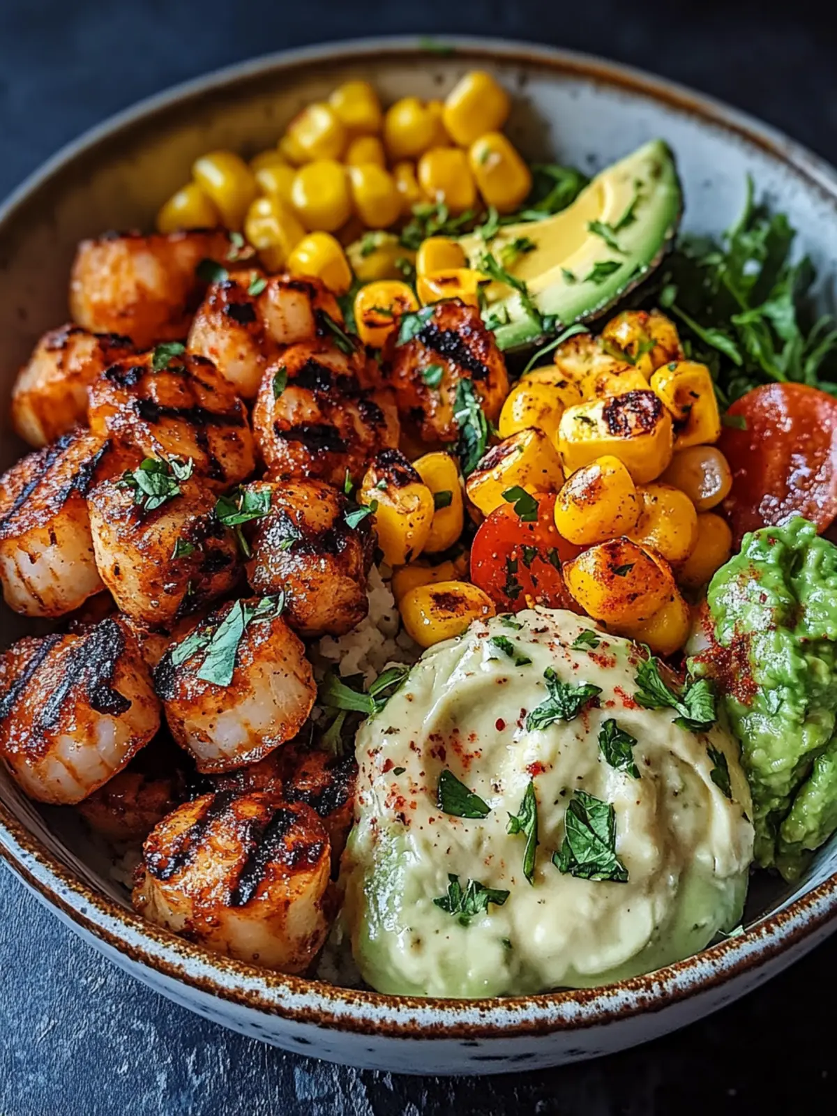 Gegrillte Garnelen Bowl mit Avocado Mais-Salsa & Cremiger Sauce genießen 3 Gegrillte Garnelen Bowl mit Avocado Mais-Salsa & Cremiger Sauce