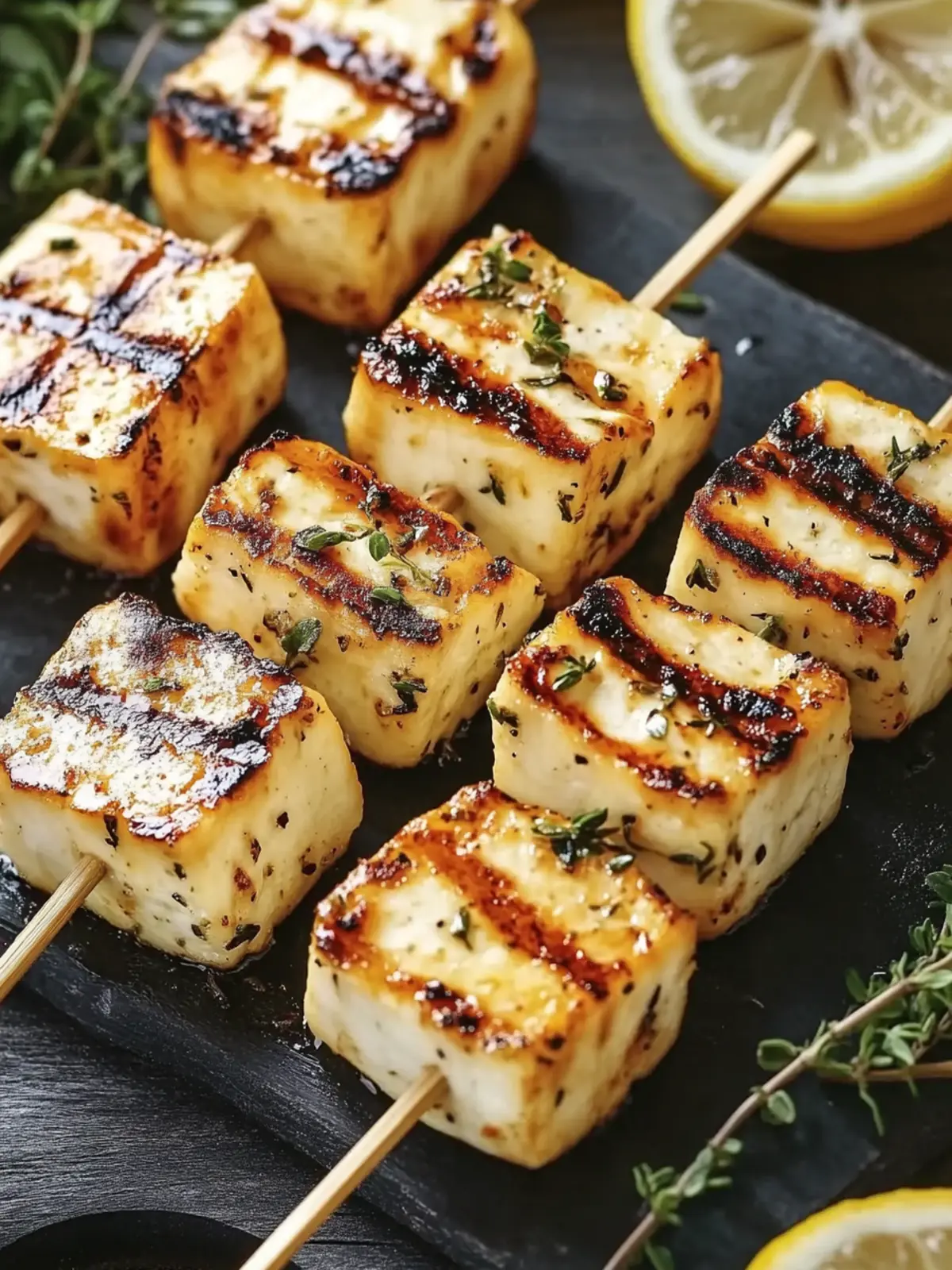 Leckere Gegrillte Halloumi-Spieße mit Zitrone und Thymian 5 Grilled Halloumi skewers with lemon and thyme