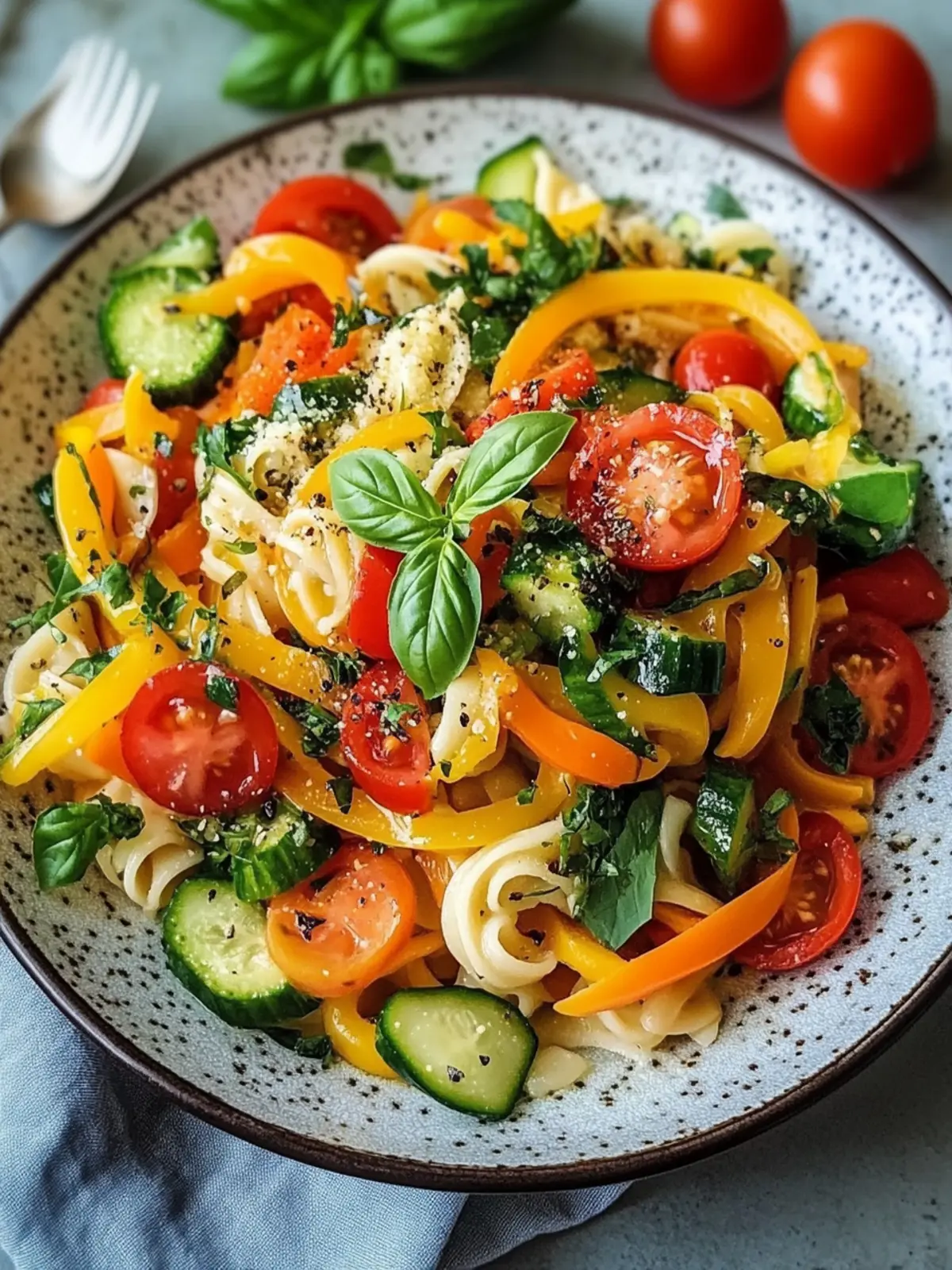 Bunter vegetarischer Nudelsalat mit Gemüse für Sommerfreuden 2 Vegetarian pasta salad with vegetables