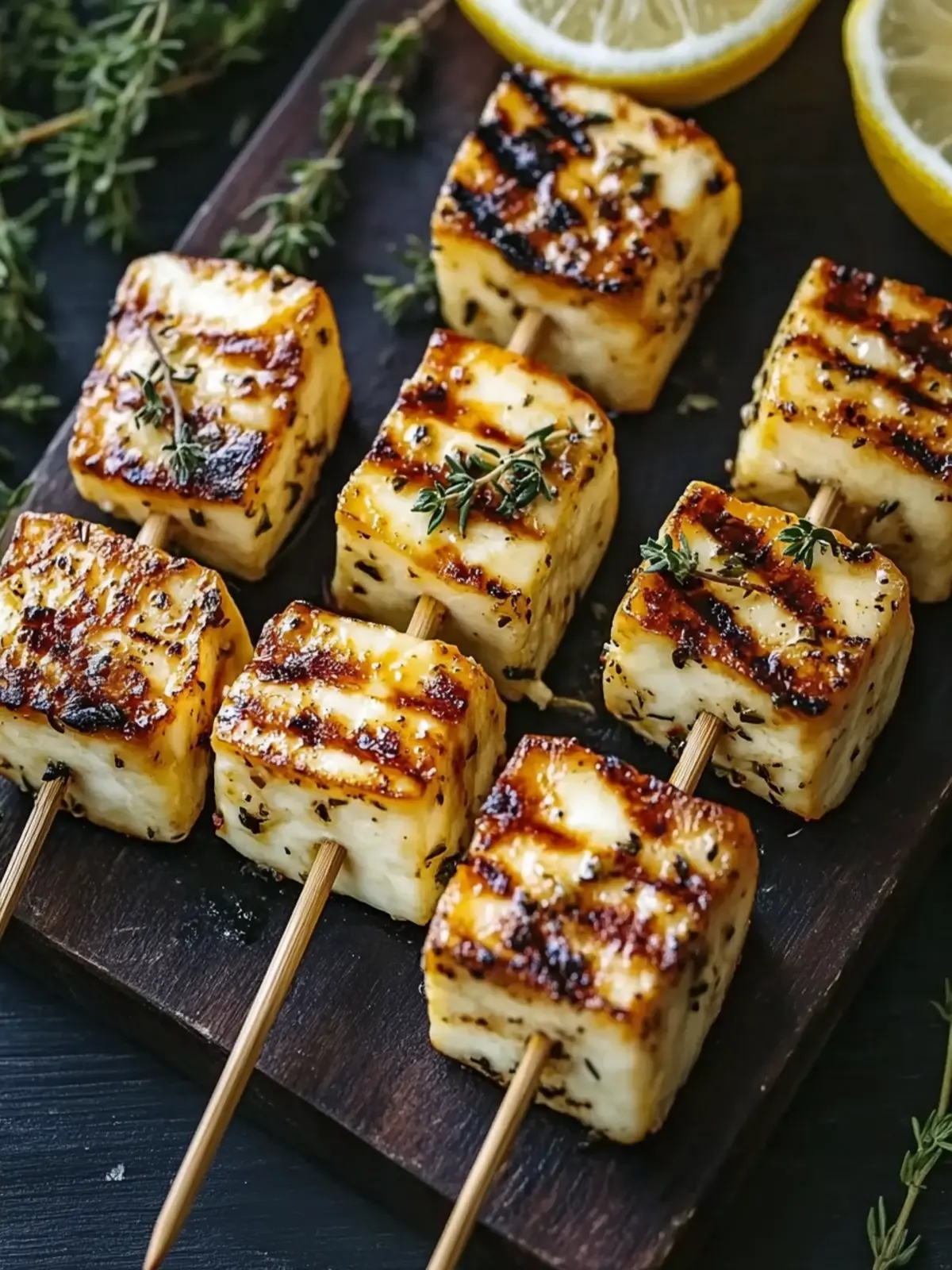 Leckere Gegrillte Halloumi-Spieße mit Zitrone und Thymian 3 Grilled Halloumi skewers with lemon and thyme