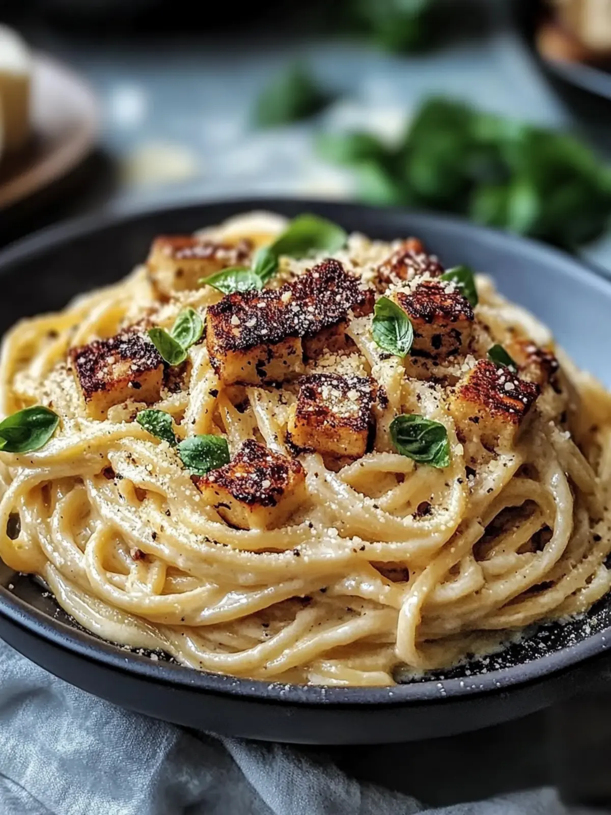 Cremige vegane Carbonara mit Cashew-Creme und Rauch-Tofu 5 Cremige vegane Carbonara