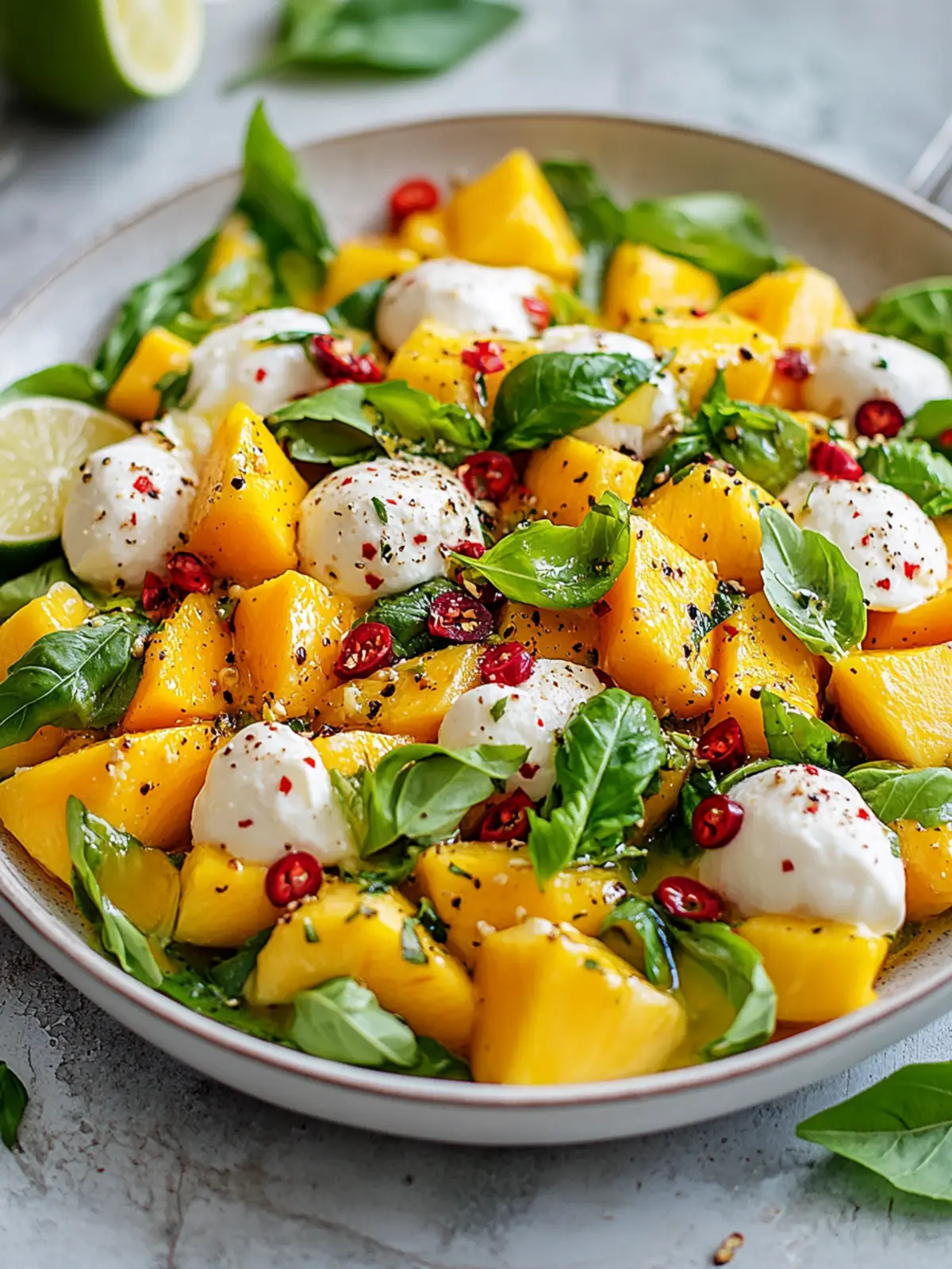 Erfrischender Mango-Mozzarella-Salat mit Limette & Chili zum Wohlfühlen 3 Mango-Mozzarella-Salat mit Limette & Chili