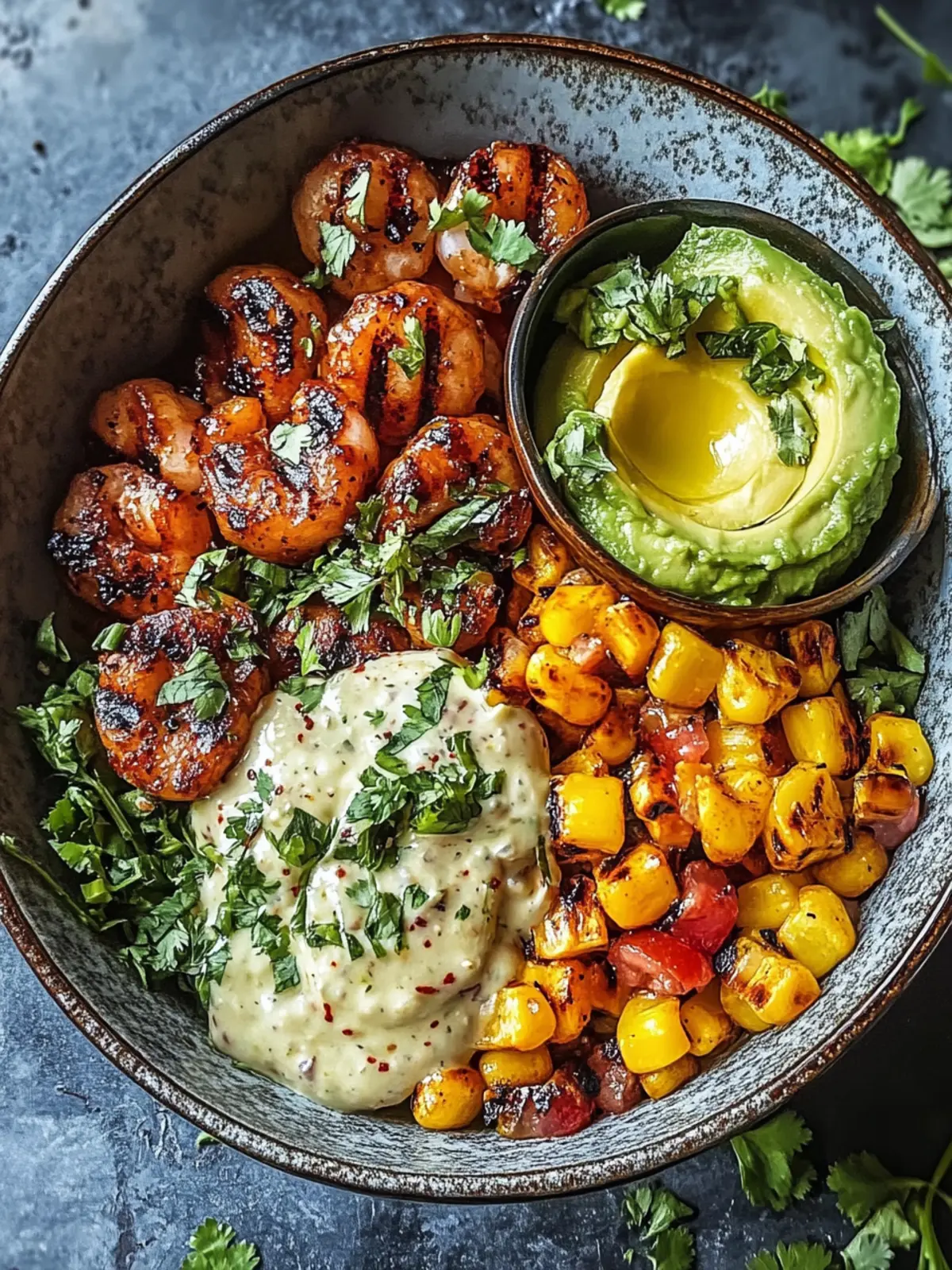 Gegrillte Garnelen Bowl mit Avocado Mais-Salsa & Cremiger Sauce genießen 5 Gegrillte Garnelen Bowl mit Avocado Mais-Salsa & Cremiger Sauce